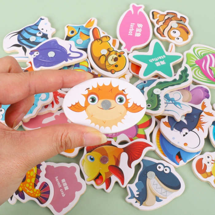 Joc magnetic de Pescuit din lemn Animale Marine, 34 piese, multicolor [5]