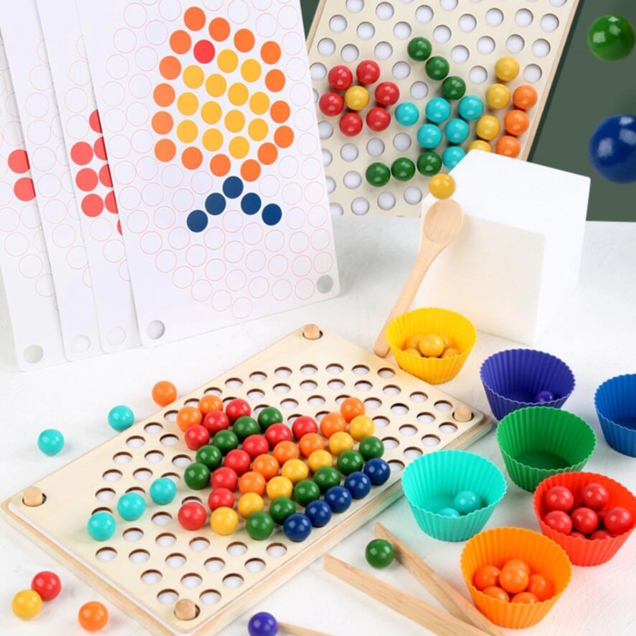 Joc Montessori de indemanare si asociere cu bile din lemn Curcubeu Rainbow Clip, multicolor [3]