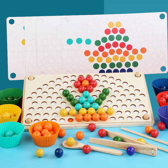 Joc Montessori de indemanare si asociere cu bile din lemn Curcubeu Rainbow Clip, multicolor [4]