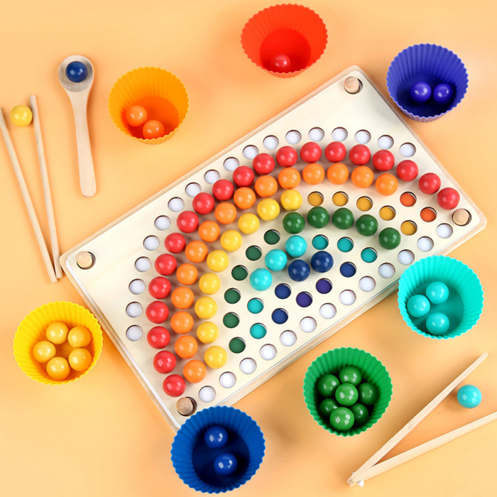 Joc Montessori de indemanare si asociere cu bile din lemn Curcubeu Rainbow Clip, multicolor [6]