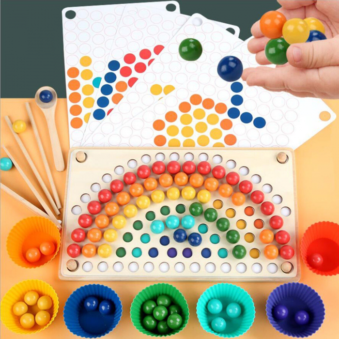 Joc Montessori de indemanare si asociere cu bile din lemn Curcubeu Rainbow Clip, multicolor [2]