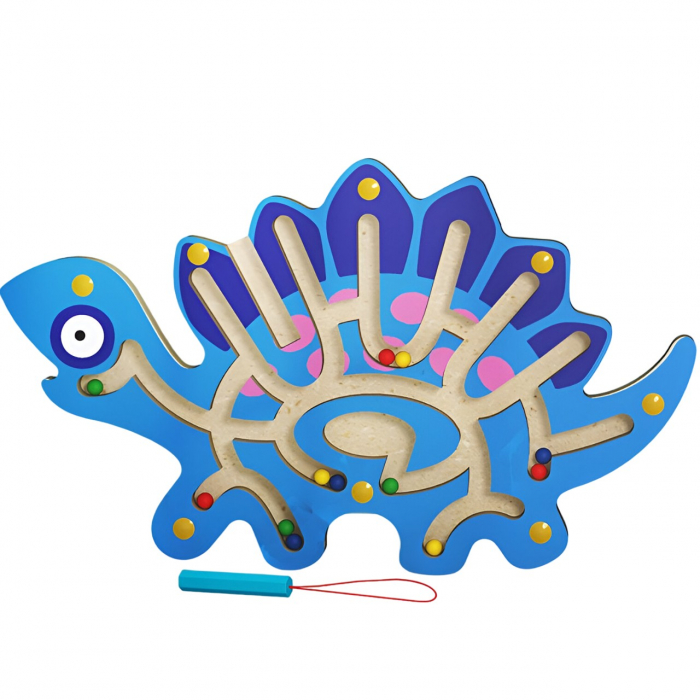 Joc Montessori din lemn Labirint cu Bile, Creion Magnetic, Stegozaur, 25x15.5 cm, Albastru [1]