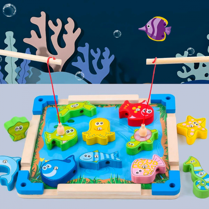 Joc pescuit magnetic din lemn si snuruit, 16 piese, multicolor [3]