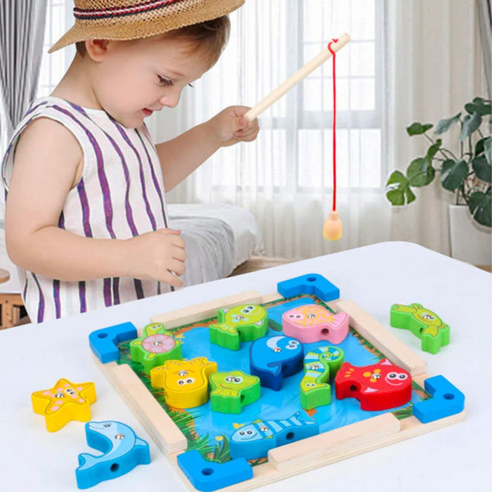 Joc pescuit magnetic din lemn si snuruit, 16 piese, multicolor [2]