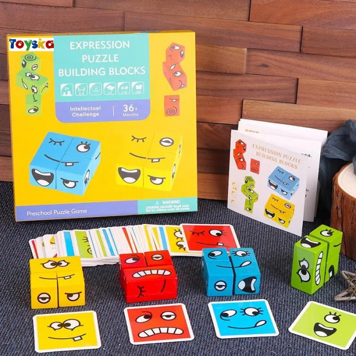 Joc puzzle Montessori emotii si expresii faciale cuburi din lemn, multicolor [3]