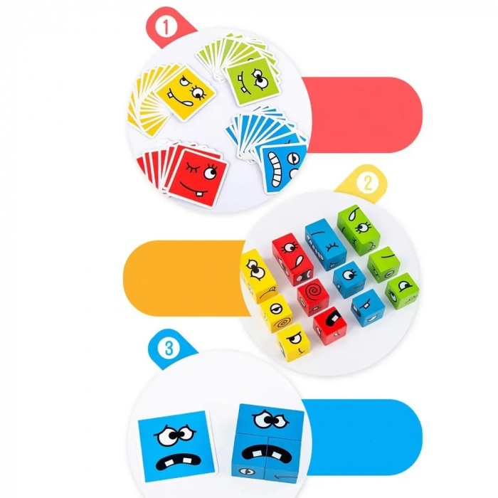 Joc puzzle Montessori emotii si expresii faciale cuburi din lemn, multicolor [8]