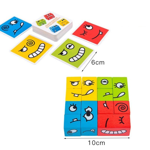 Joc puzzle Montessori emotii si expresii faciale cuburi din lemn, multicolor [9]