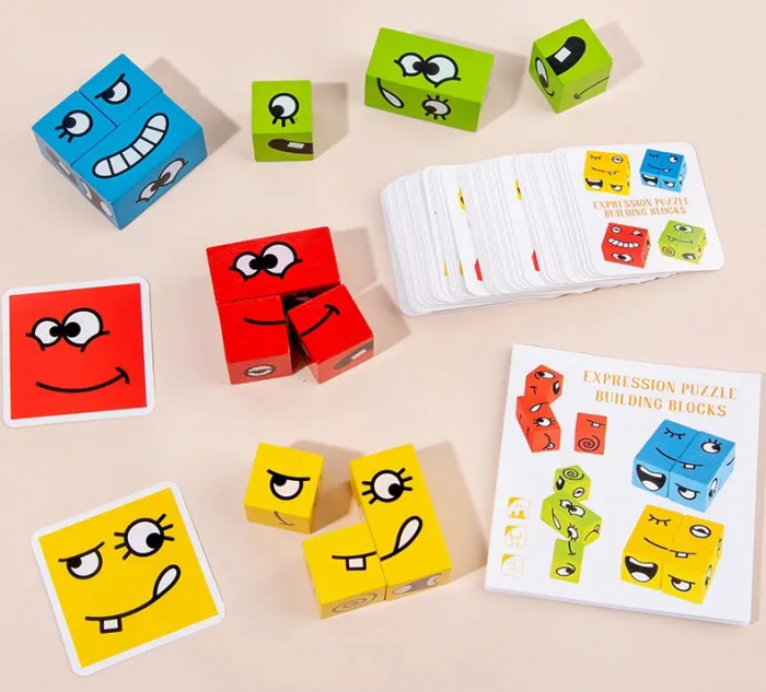 Joc puzzle Montessori emotii si expresii faciale cuburi din lemn, multicolor [6]