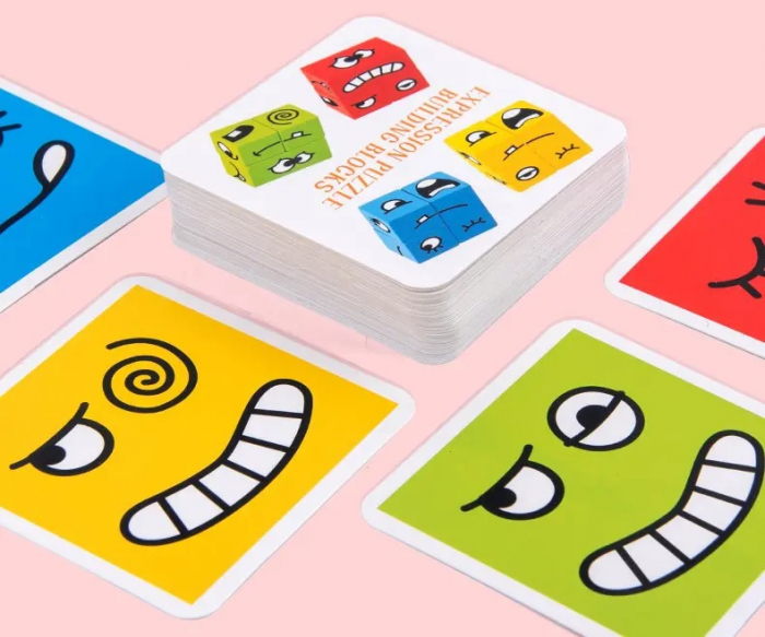 Joc puzzle Montessori emotii si expresii faciale cuburi din lemn, multicolor [7]