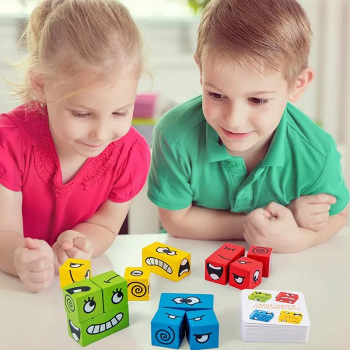 Joc puzzle Montessori emotii si expresii faciale cuburi din lemn, multicolor [5]