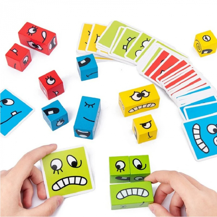 Joc puzzle Montessori emotii si expresii faciale cuburi din lemn, multicolor [4]