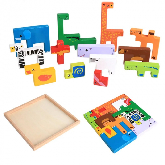Joc Tetris Animale din Lemn 3D, multicolor [2]