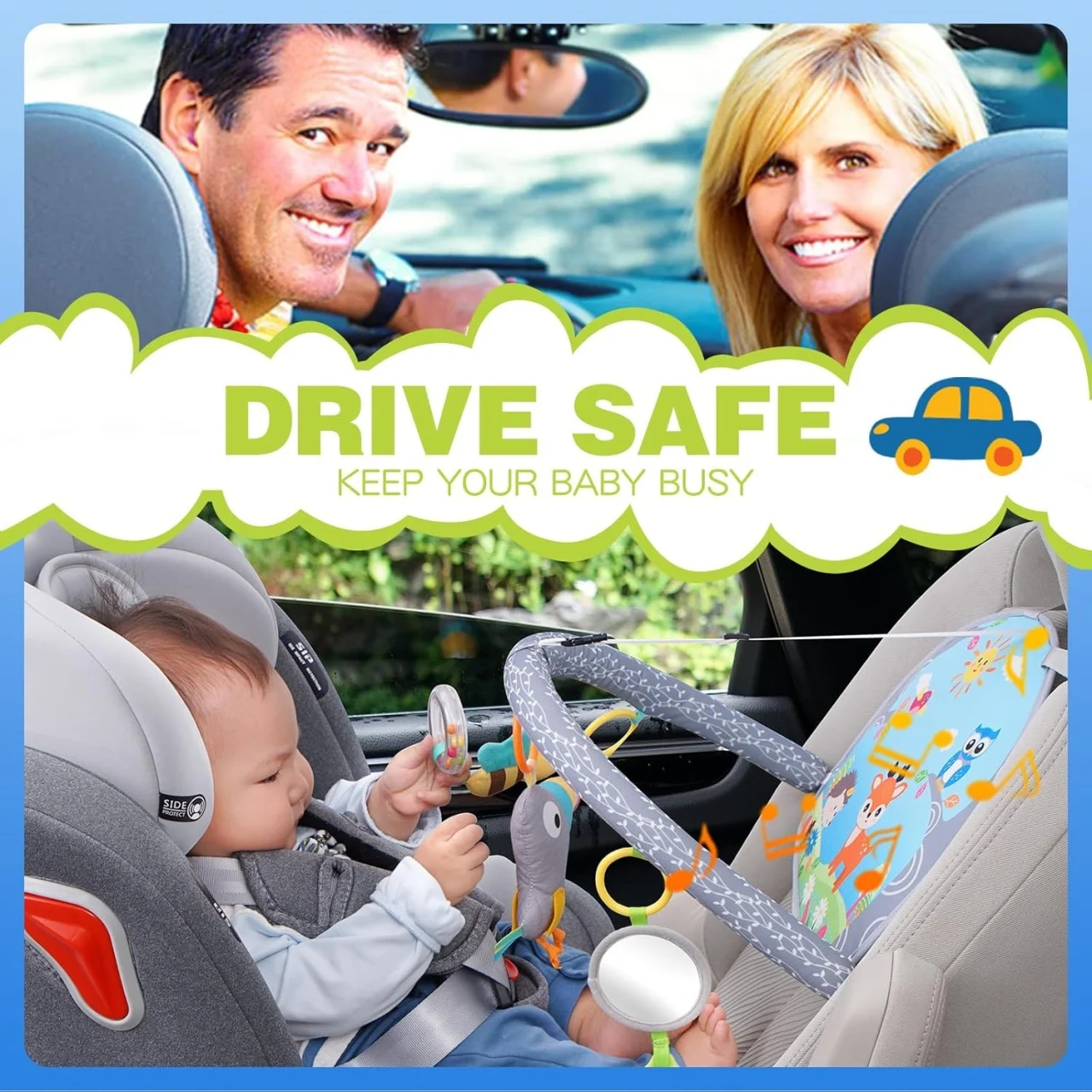 Jucarie auto interactiva bebelusi, accesoriu masina prindere de scaun, imprimeu viu colorat, inaltime ajustabila, material usor de curatat, albastru [4]