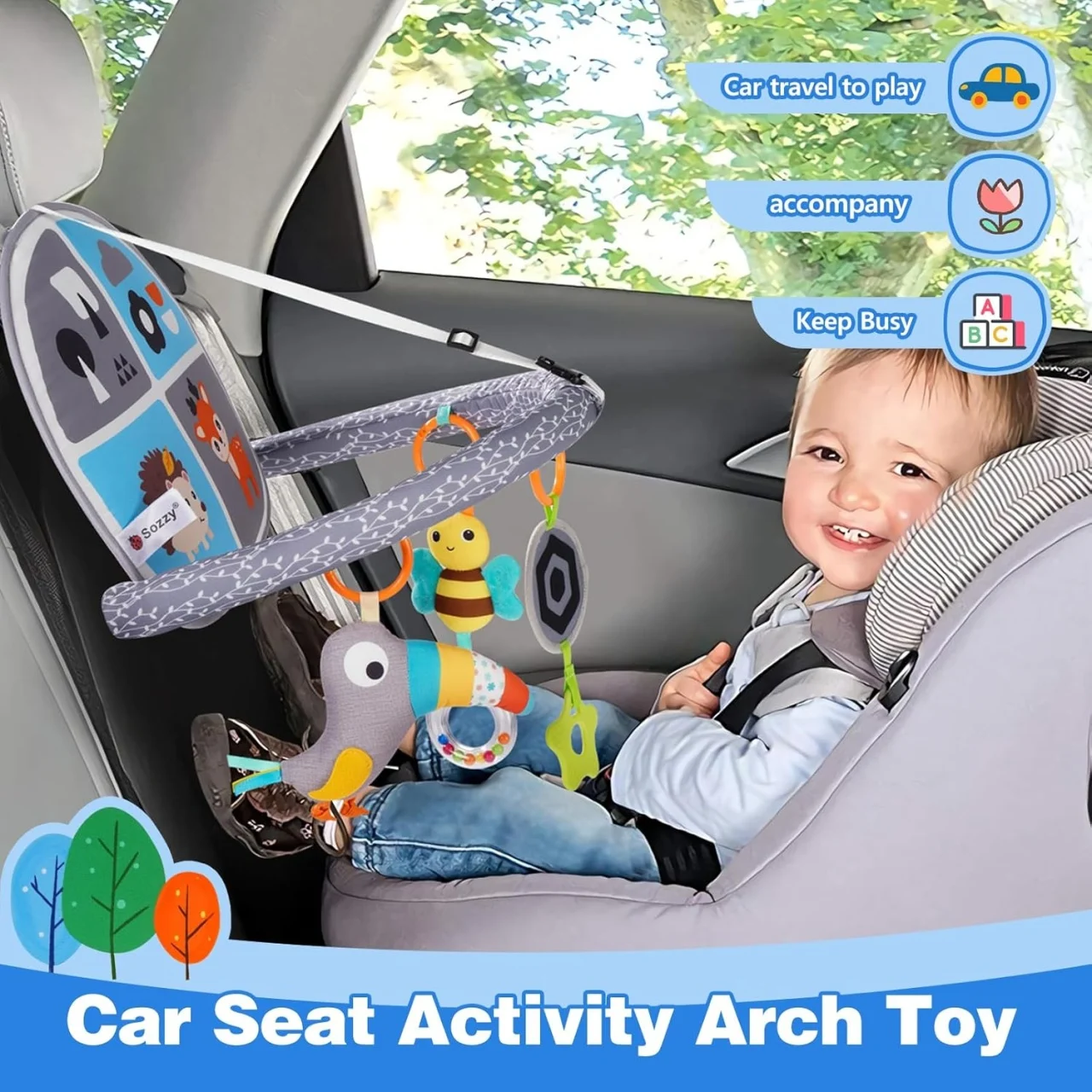 Jucarie auto interactiva bebelusi, accesoriu masina prindere de scaun, imprimeu viu colorat, inaltime ajustabila, material usor de curatat, albastru [3]