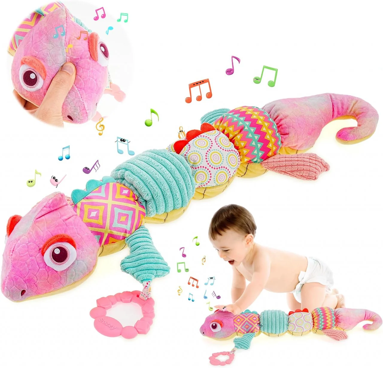 Jucarie Bebe Senzoriala Muzicala Cameleon, 60x9 cm, roz [7]