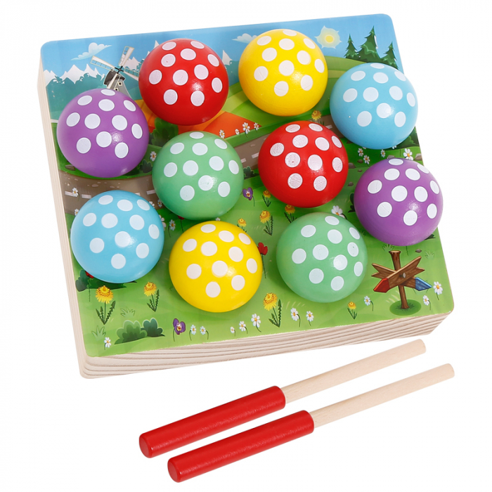 Jucarie de pescuit magnetic din lemn cu Ciupercute si Viermisori, multicolor [2]