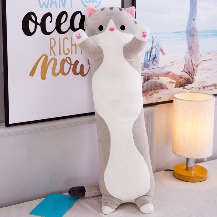 Jucarie de plus pisica tip perna, umplutura hipoalergenica, pentru copii si adulti, 85 cm, gri [4]