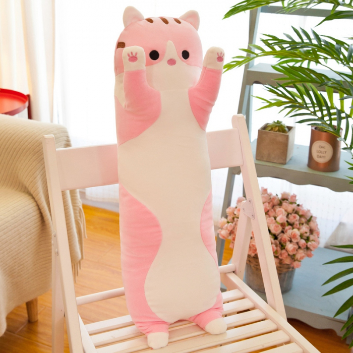 Jucarie de plus pisica tip perna, umplutura hipoalergenica, pentru copii si adulti, 85 cm, roz [4]