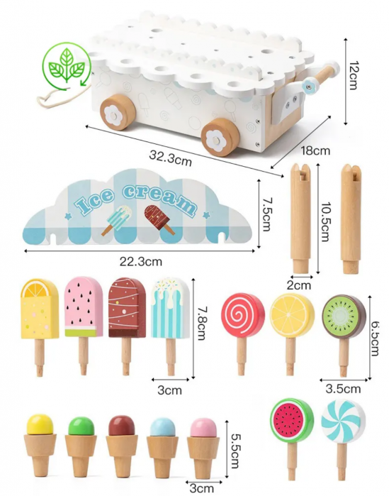 Jucarie de tras din lemn Masinuta de Inghetata, Ice Cream Truck, multicolor [8]