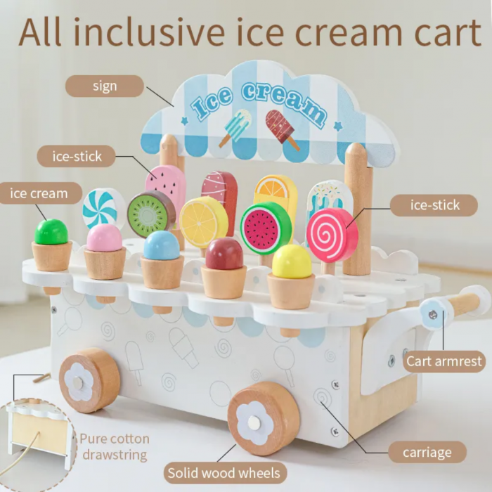 Jucarie de tras din lemn Masinuta de Inghetata, Ice Cream Truck, multicolor [6]