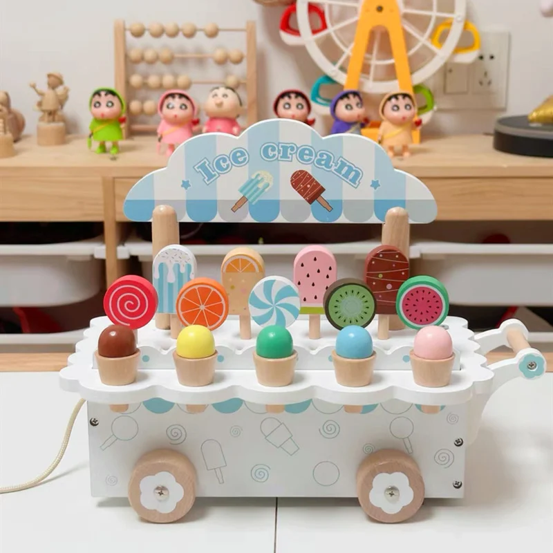 Jucarie de tras din lemn Masinuta de Inghetata, Ice Cream Truck, multicolor [2]
