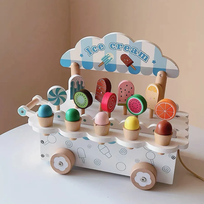 Jucarie de tras din lemn Masinuta de Inghetata, Ice Cream Truck, multicolor [4]