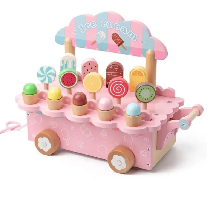 Jucarie de tras din lemn Masinuta de Inghetata, Ice Cream Truck, roz [2]