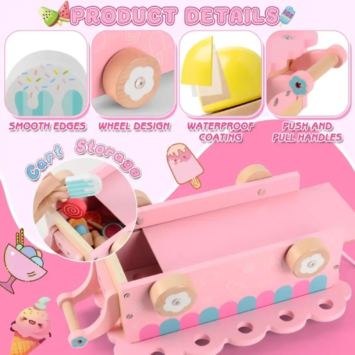 Jucarie de tras din lemn Masinuta de Inghetata, Ice Cream Truck, roz [3]