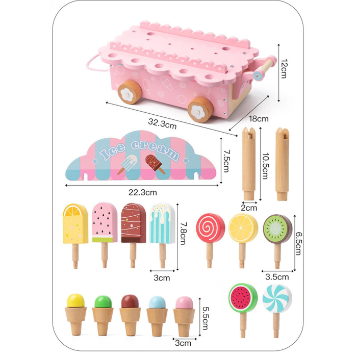 Jucarie de tras din lemn Masinuta de Inghetata, Ice Cream Truck, roz [7]