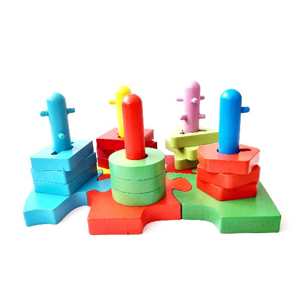 Jucarie din lemn 2 in 1, Sortator forme geometrice 5 coloane, Puzzle Elefant, multicolor [2]