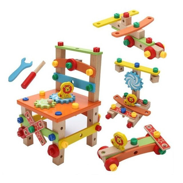 Jucarie educativa pentru asamblat cu suruburi din lemn, scaun, avion, masinute, 49 piese multicolor [2]