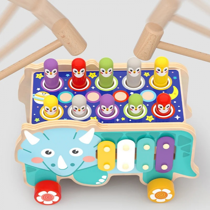 Jucarie educativa din lemn, Vehicul Prinde Cartita, 3 in 1, multicolor [4]