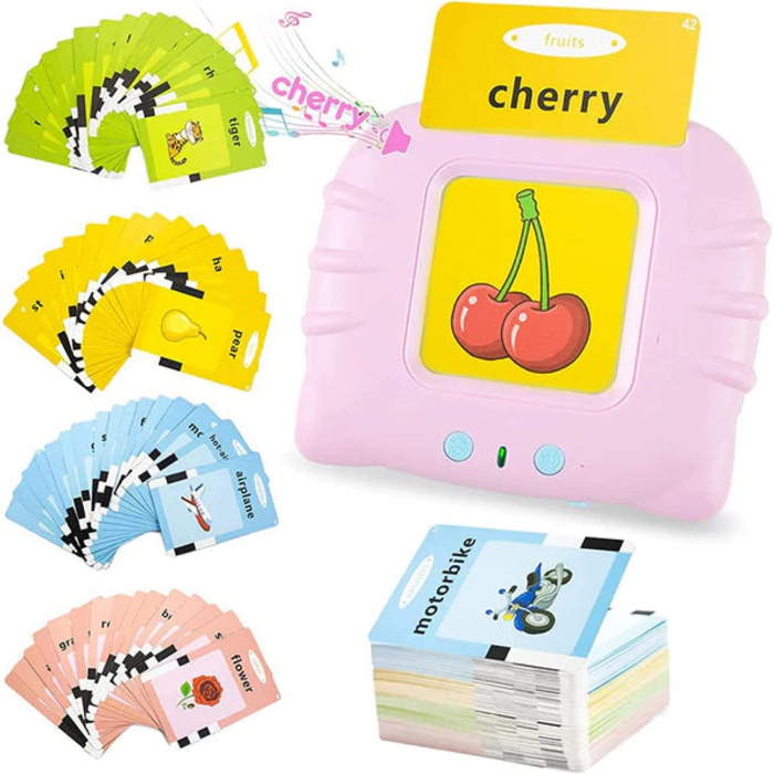 Jucarie educativa Montessori, Set masina de invatare cu cititor de carduri, 112 bucati carduri flash 224 de cuvinte limba Engleza, Roz [6]
