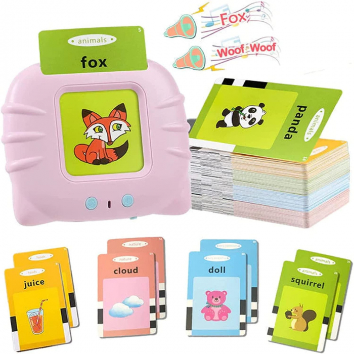 Jucarie educativa Montessori, Set masina de invatare cu cititor de carduri, 112 bucati carduri flash 224 de cuvinte limba Engleza, Roz [4]