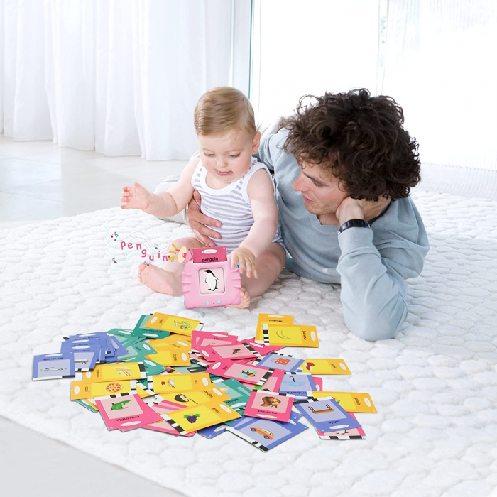 Jucarie educativa Montessori, Set masina de invatare cu cititor de carduri, 112 bucati carduri flash 224 de cuvinte limba Engleza, Roz [3]
