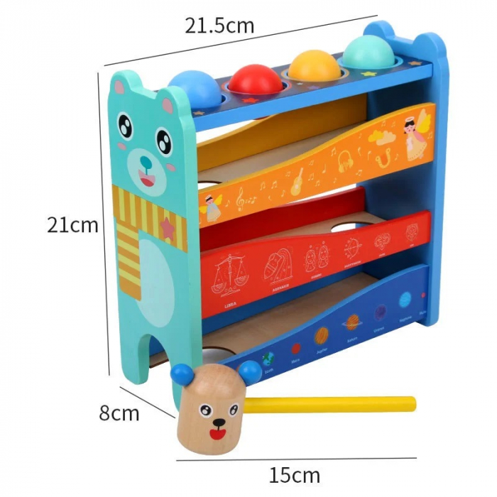 Jucarie lemn Pista cu bile si ciocanel Hammer Bench, multicolor [6]