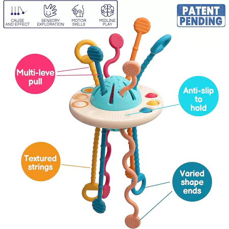 Jucarie Montessori pentru bebelusi si copilasi mici, cu snur din silicon, senzoriala, Jucarie pentru abilitati motrice, multicolora, 21x12 cm [7]