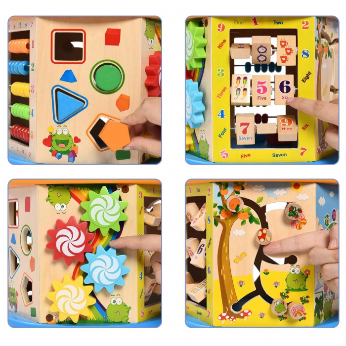 Cub educativ Montessori din lemn 8 in 1,Ceas, Puzzle, Labirinturi, Abacus, Sah, multicolor [3]