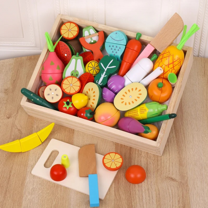 Lada Jumbo cu Fructe si Legume magnetice de feliat din lemn, 30 piese, multicolor [2]