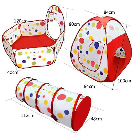 Loc de joaca 3 in 1 ideal pentru copii cu 100 de bile multicolore cadou, format din cort, tunel intermediar si piscina [6]