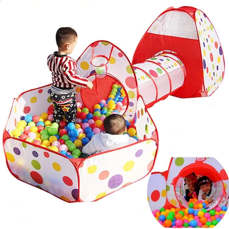 Loc de joaca 3 in 1 ideal pentru copii cu 100 de bile multicolore cadou, format din cort, tunel intermediar si piscina [7]
