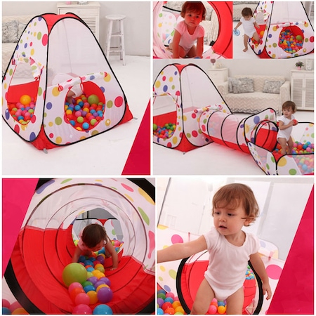 Loc de joaca 3 in 1 ideal pentru copii cu 100 de bile multicolore cadou, format din cort, tunel intermediar si piscina [4]