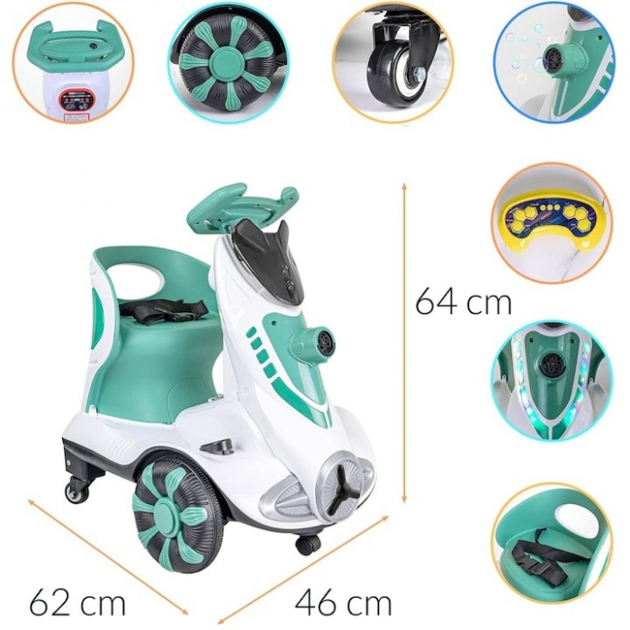 Masinuta electrica cu telecomanda pentru copii, rotire 360, baloane de sapun, lumini si sunete, pedale de acceleratie si frana, verde [7]