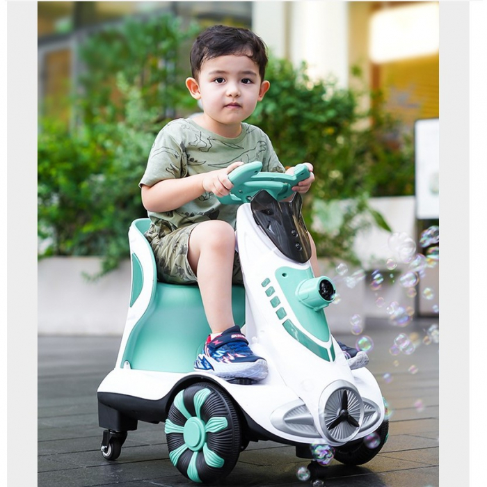 Masinuta electrica cu telecomanda pentru copii, rotire 360, baloane de sapun, lumini si sunete, pedale de acceleratie si frana, verde [2]