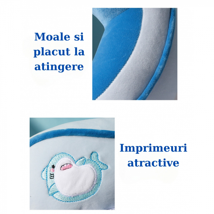 Perna de Calatorie,  Pentru Gat si Cap, Umplutura din Bumbac,  Model Brodat Delfin, Albastru [2]