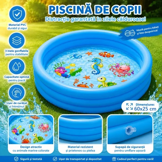 Piscina gonflabila pentru copii Animale Marine, 60x25 cm, albastru [2]