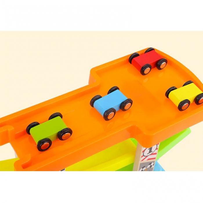 Pista cu 4 rampe si 6 masinute din lemn, multicolor [4]