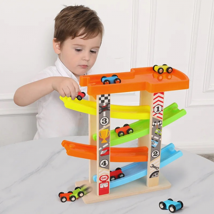 Pista cu 4 rampe si 6 masinute din lemn, multicolor [3]