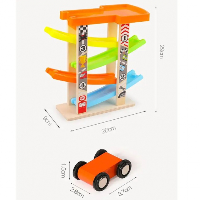 Pista cu 4 rampe si 6 masinute din lemn, multicolor [5]