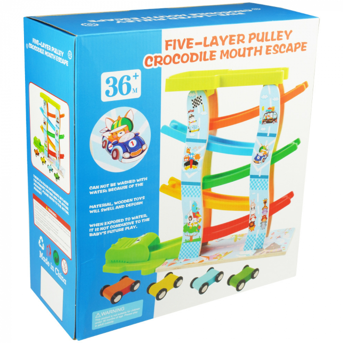 Pista cu 5 rampe si 4 masinute din lemn Crocodile Escape, multicolor [5]